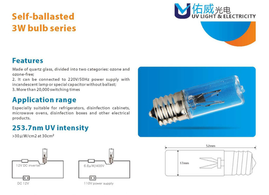 as ampolas UVC do reator do auto de 2w 3w matam as bactérias para refrigeraters