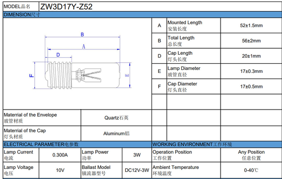 Reator UV 12VDC Eletrônico 3W reator UV de pequena potência para matar bactérias